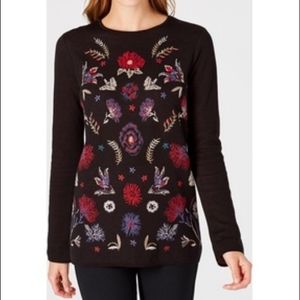 J Jill Womens Sweater Floral Xs Embroidered Top Black